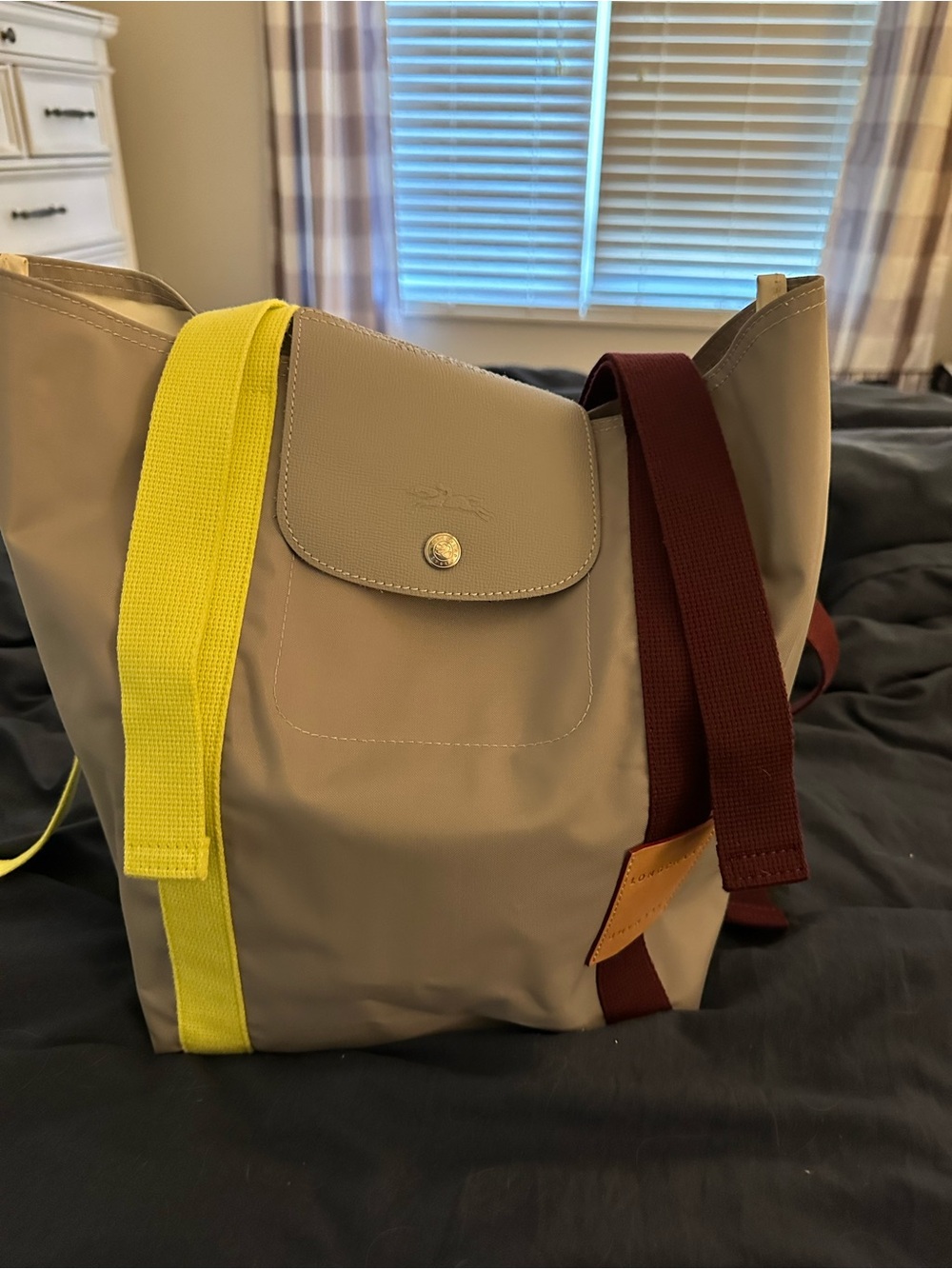 Grey Tote with Neon Green and Burgundy Straps